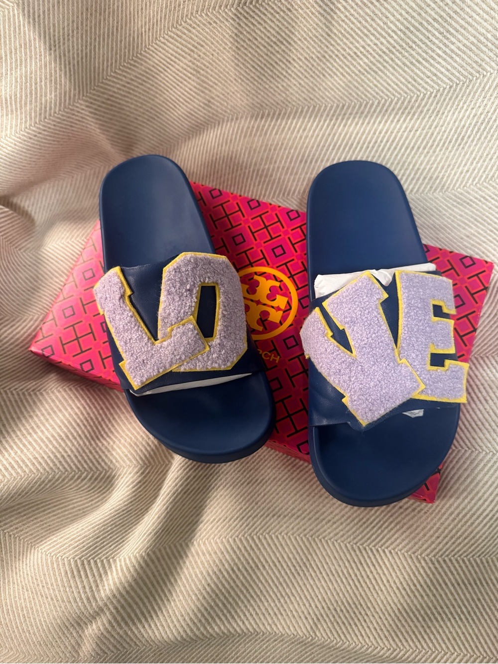 Tory Burch Navy Slide Sandals with Lavender and Yellow Appliqué